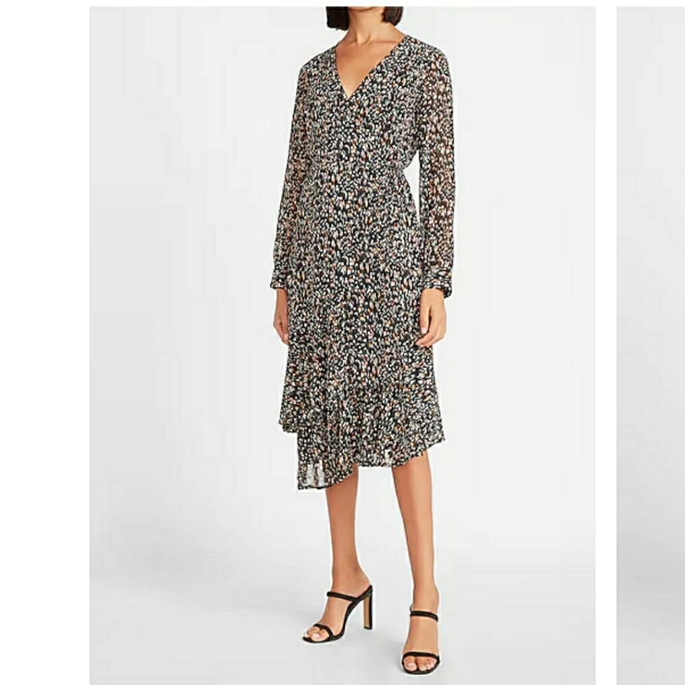 Express Metallic Printed Ruffle Wrap Midi Dress